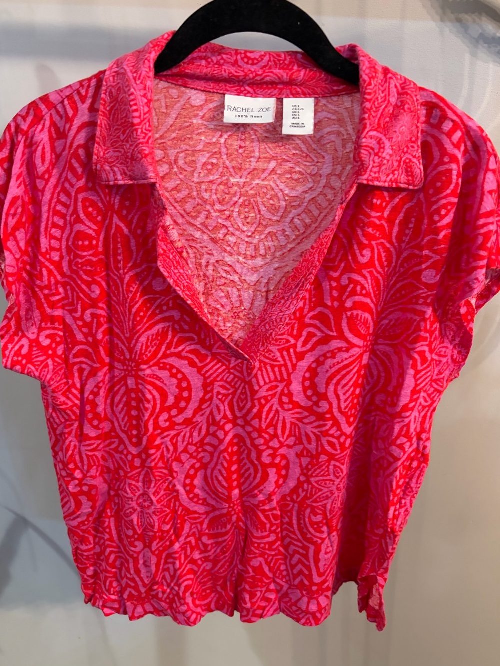 Rachel Zoe Pink & Fuchsia V-Neck linen Polo Tee size large